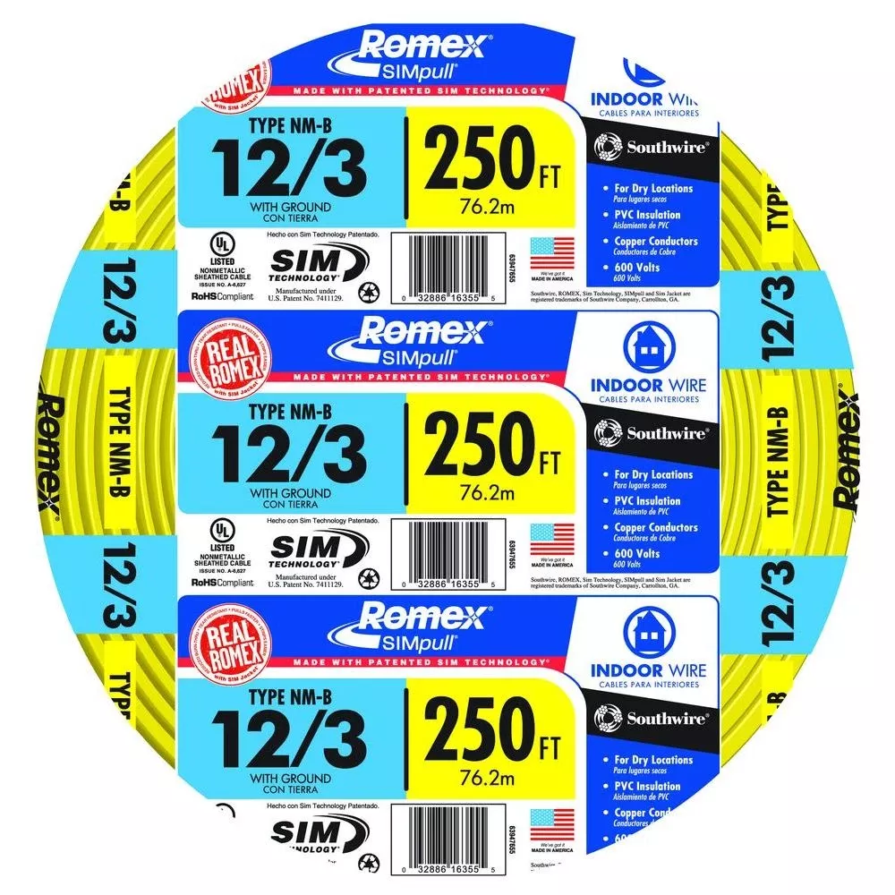 250 Ft. 12/3 Solid Yellow Nmw/g Electrical Wire - Ul Listed