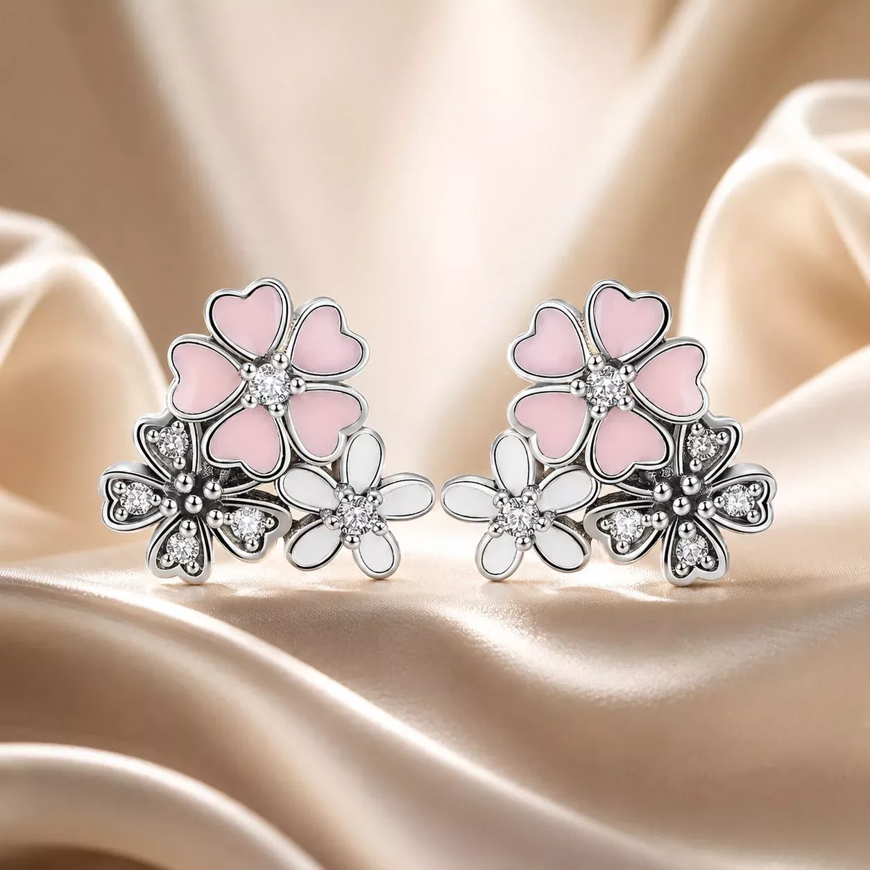 925 Sterling Silver Earrings with Pavé Setting, Oxidized Silver, Enamel - 1.0 x 1.1 cm for Women