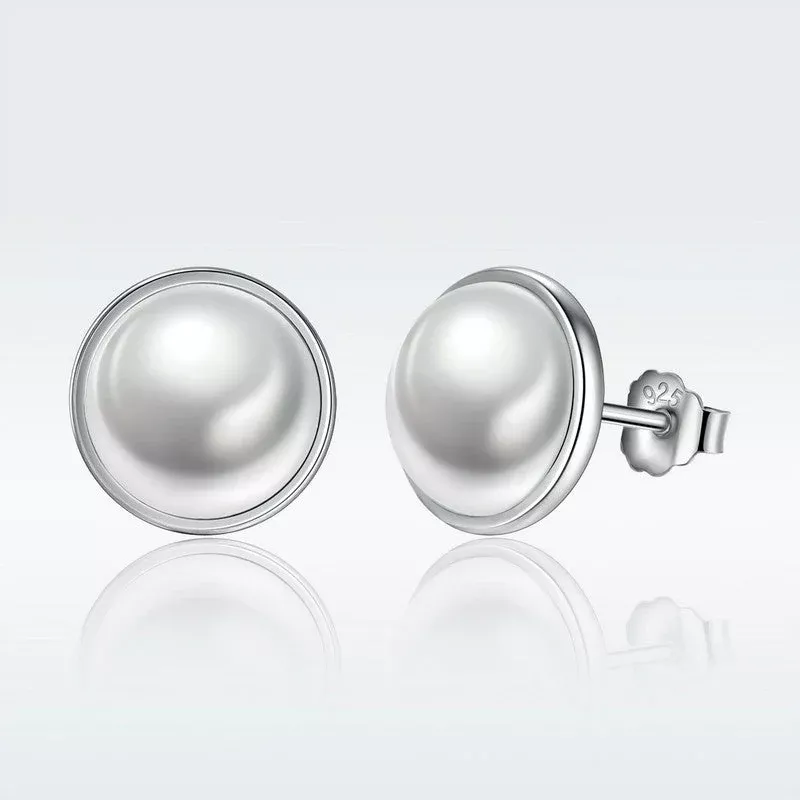 925 Sterling Silver Earrings with Pavé Setting, Quality Shell Pearl, 9mm for Women