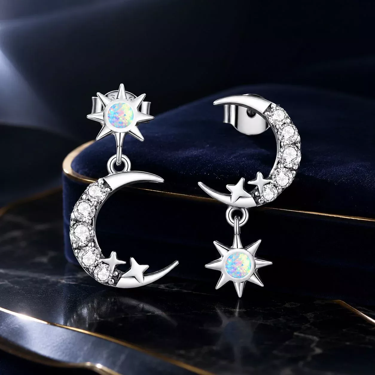 925 Sterling Silver Earrings with Translucent Opal and CZ in Oxidized Finish