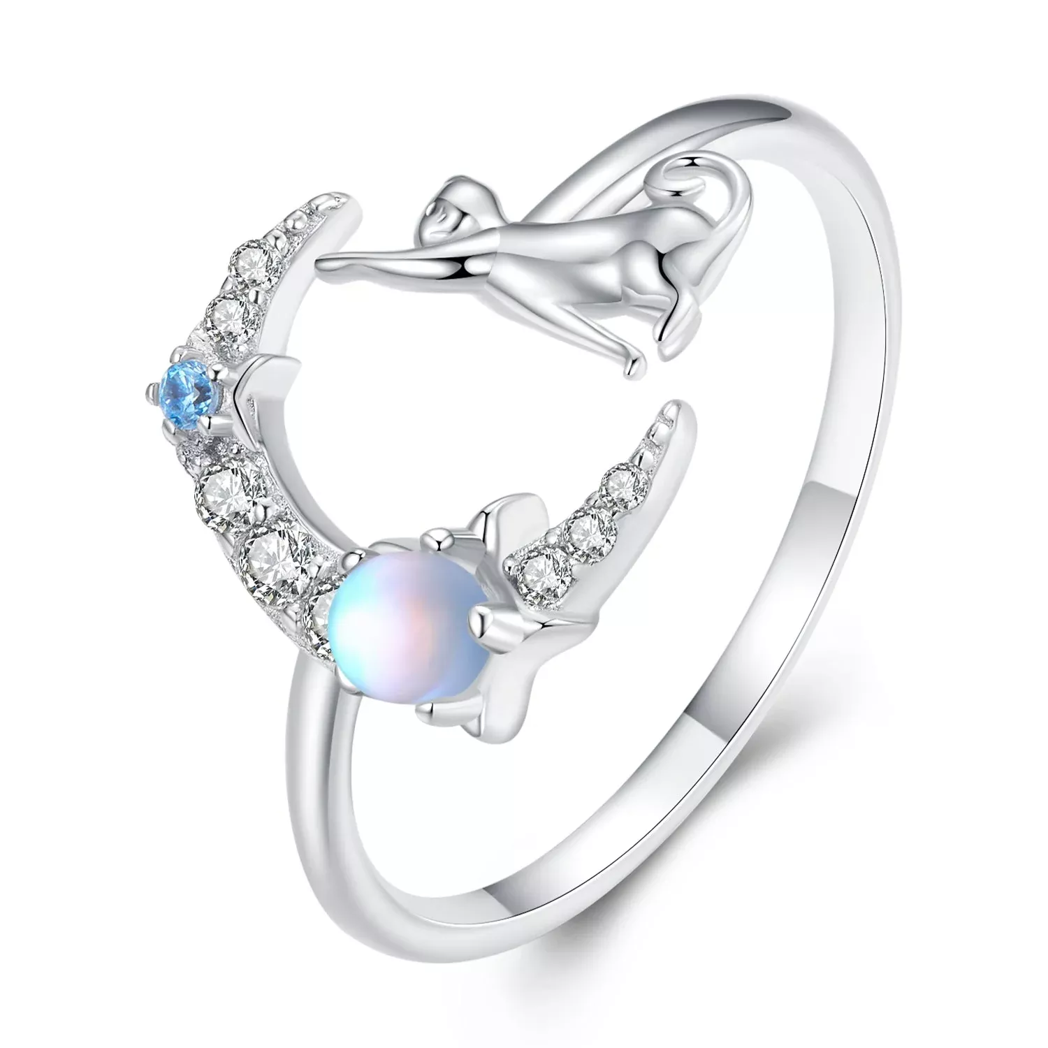 925 Sterling Silver Moonstone Ring with Pavé Setting CZ