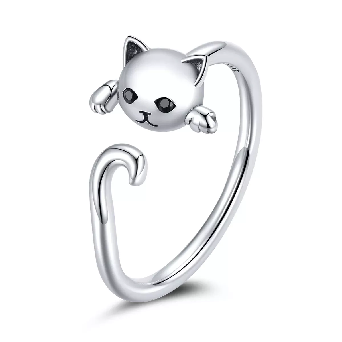 925 Sterling Silver Oxidized Cat Ring with CZ for Women, 0.6x1cm
