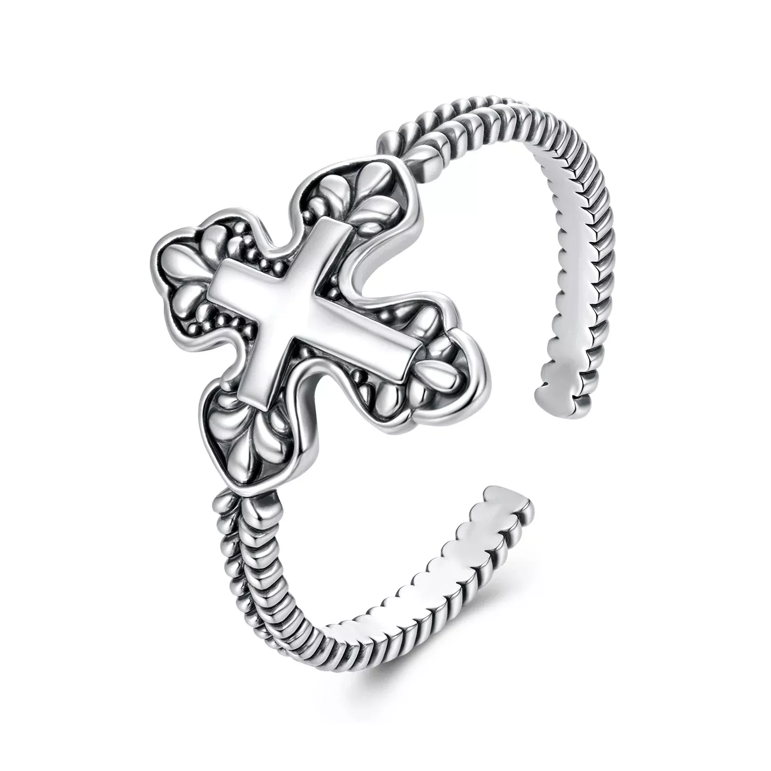 925 Sterling Silver Oxidized Silver 0.18cm Crucifix Adjustable Ring for Women