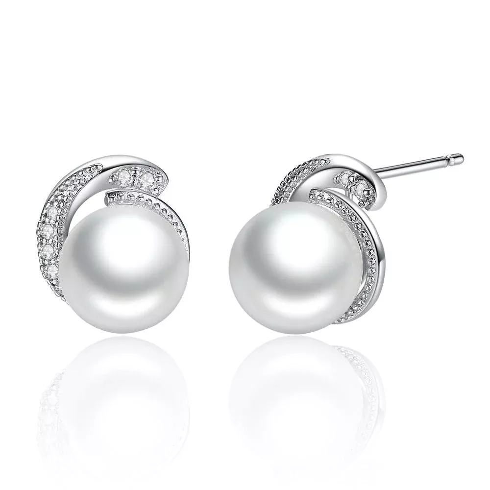 925 Sterling Silver Pavé Setting Earrings with Quality Shell Pearl