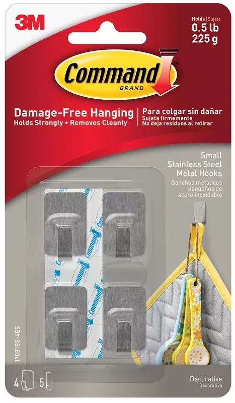 Command 17031SS-4ES Small Hook, 0.5 lb, 4 -Hook, Metal, Gray, Stainless Steel, Pack of 4
