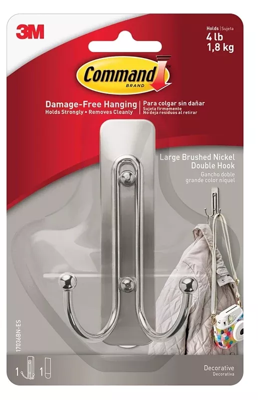 Command 17036BN-ES Large Double Hook, 4 lb, 1 -Hook, Metal/Plastic, Gray, Brushed Nickel, Pack of 4