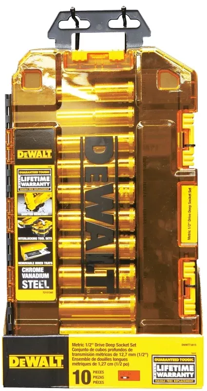DEWALT DWMT73815 Series Socket Set, Chrome Vanadium Steel, Chrome, Includes: (10) 1/2 in Drive Deep Sockets
