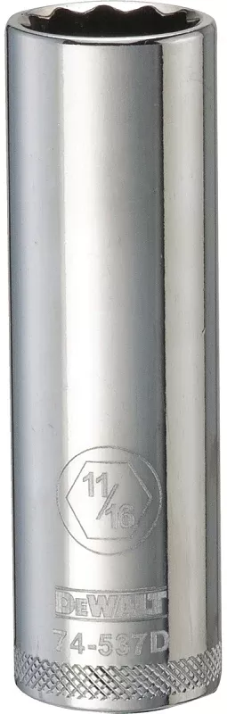 DEWALT DWMT74537OSP Drive Socket, 11/16 in Socket, Deep Socket, 3-1/8 in OAL, 1/2 in Drive, 12-Point, Vanadium Steel