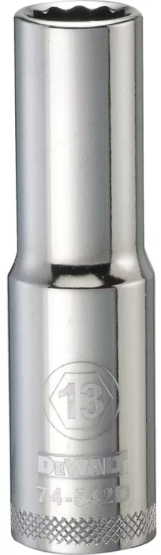 DEWALT DWMT74542OSP Drive Socket, 13 mm Socket, Deep Socket, 3-1/8 in OAL, 1/2 in Drive, 12-Point, Vanadium Steel