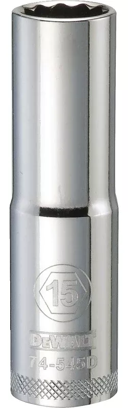 DEWALT DWMT74545OSP Drive Socket, 15 mm Socket, Deep Socket, 3-1/8 in OAL, 1/2 in Drive, 12-Point, Vanadium Steel