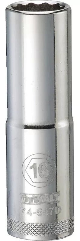 DEWALT DWMT74547OSP Drive Socket, 16 mm Socket, Deep Socket, 3-1/8 in OAL, 1/2 in Drive, 12-Point, Vanadium Steel