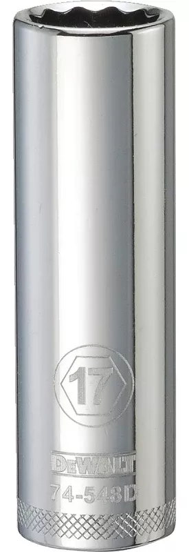 DEWALT DWMT74548OSP Drive Socket, 17 mm Socket, Deep Socket, 3-1/8 in OAL, 1/2 in Drive, 12-Point, Vanadium Steel