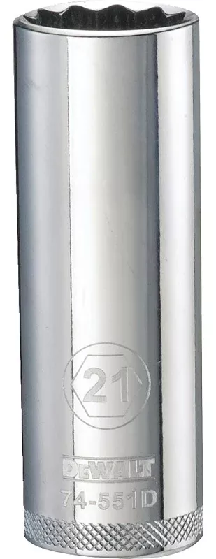 DEWALT DWMT74551OSP Drive Socket, 21 mm Socket, Deep Socket, 3-1/8 in OAL, 1/2 in Drive, 12-Point, Vanadium Steel