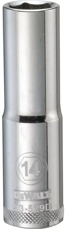 DEWALT DWMT93529OSP Drive Socket, 14 mm Socket, Deep Socket, 3-1/8 in OAL, 1/2 in Drive, 6-Point, Vanadium Steel