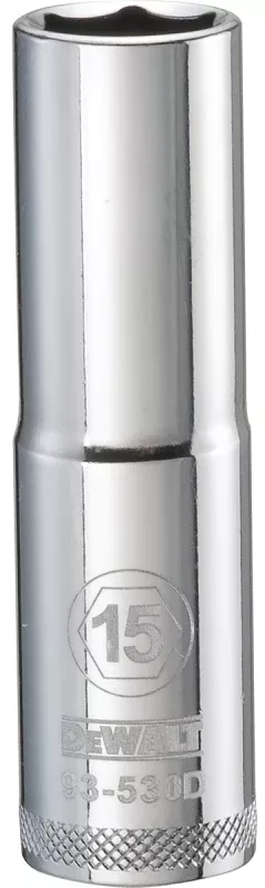 DEWALT DWMT93530OSP Drive Socket, 15 mm Socket, Deep Socket, 3-1/8 in OAL, 1/2 in Drive, 6-Point, Vanadium Steel