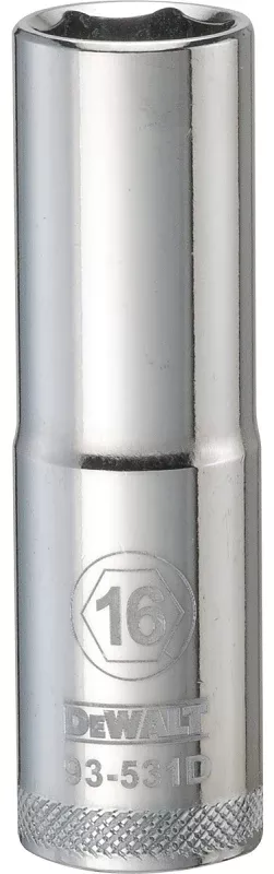 DEWALT DWMT93531OSP Drive Socket, 16 mm Socket, Deep Socket, 3-1/8 in OAL, 1/2 in Drive, 6-Point, Vanadium Steel