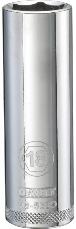 DEWALT DWMT93533OSP Drive Socket, 18 mm Socket, Deep Socket, 3-1/8 in OAL, 1/2 in Drive, 6-Point, Vanadium Steel