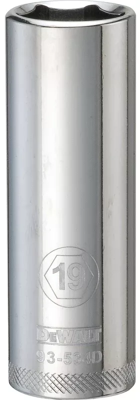 DEWALT DWMT93534OSP Drive Socket, 19 mm Socket, Deep Socket, 3-1/8 in OAL, 1/2 in Drive, 6-Point, Vanadium Steel