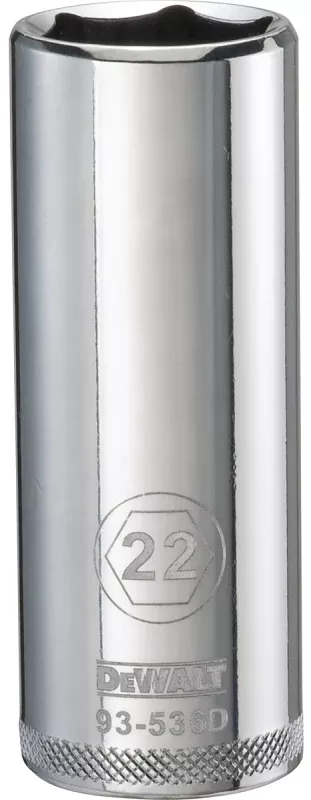 DEWALT DWMT93536OSP Drive Socket, 22 mm Socket, Deep Socket, 3-1/8 in OAL, 1/2 in Drive, 6-Point, Vanadium Steel