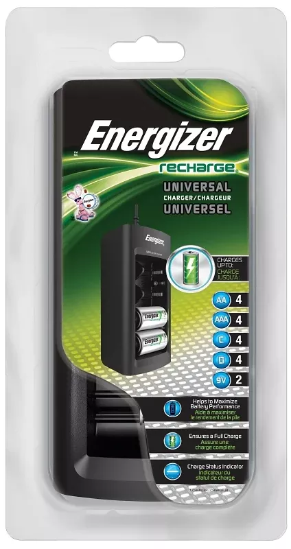 Energizer Recharge CHFC Universal Charger, 1.1 A Charge, 12 VDC Output, AA, AAA, C, D Battery, 4-Battery, Black/Silver