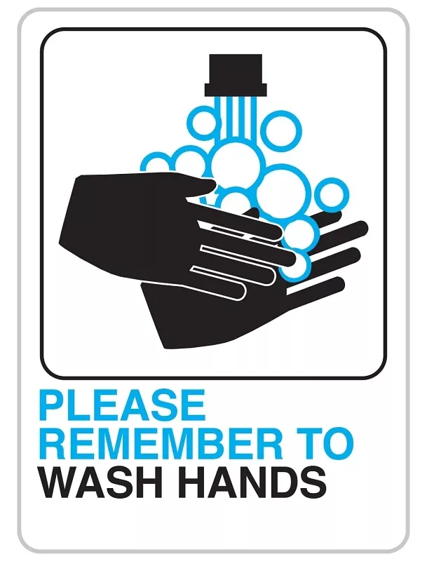 Hy-Ko D-26 Bathroom Sign, Rectangular, PLEASE REMEMBER TO WASH HANDS, Black/Blue Legend, White Background, Plastic, Pack of 5