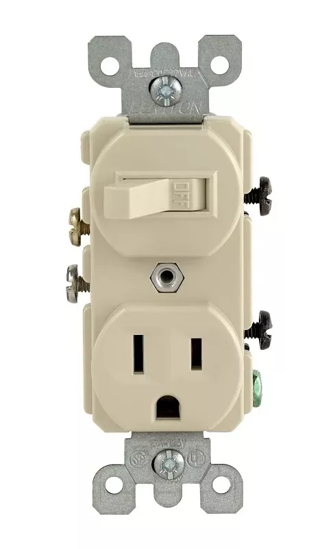 Leviton S01-05225-0IS Combination Switch/Receptacle, 1-Pole, 15 A, 120 V Switch, 125 V Receptacle, Ivory
