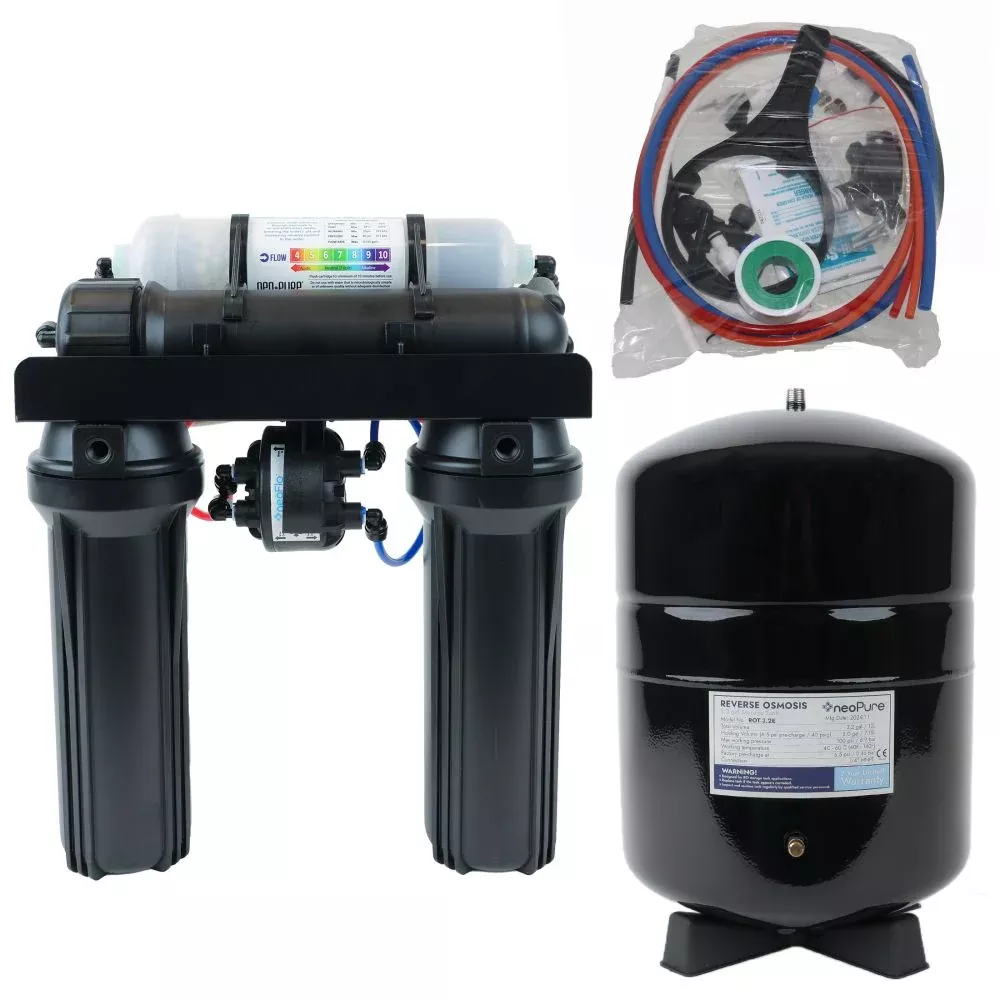 neoPure 4 Stage 50 GPD Residential Full Solution RO System, Alkaline Remineralizer, 0.5µ Post Filter and Permeate Pump