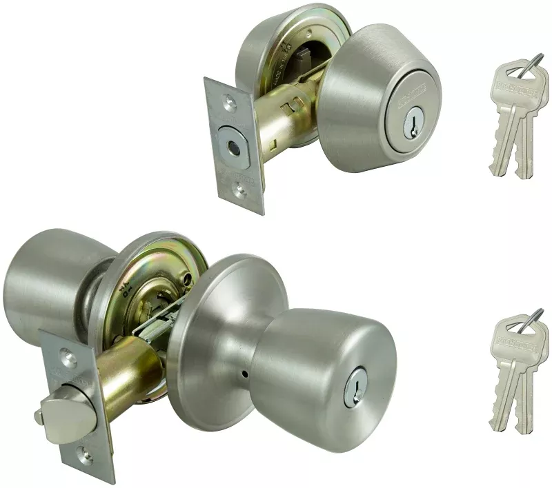 ProSource BS6B1-PS Deadbolt and Entry Lockset, Turn Button Lock, Knob Handle, Tulip Design, Stainless Steel, 3 Grade, Pack of 2