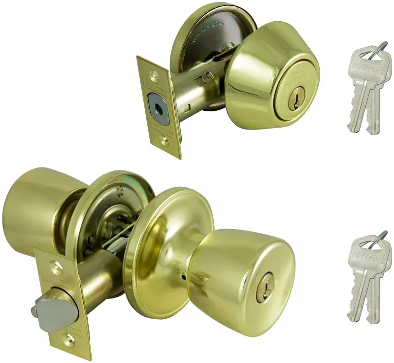 ProSource BS7B1-PS Deadbolt and Entry Lockset, Turn Button Lock, Knob Handle, Tulip Design, Polished Brass, 3 Grade, Pack of 2