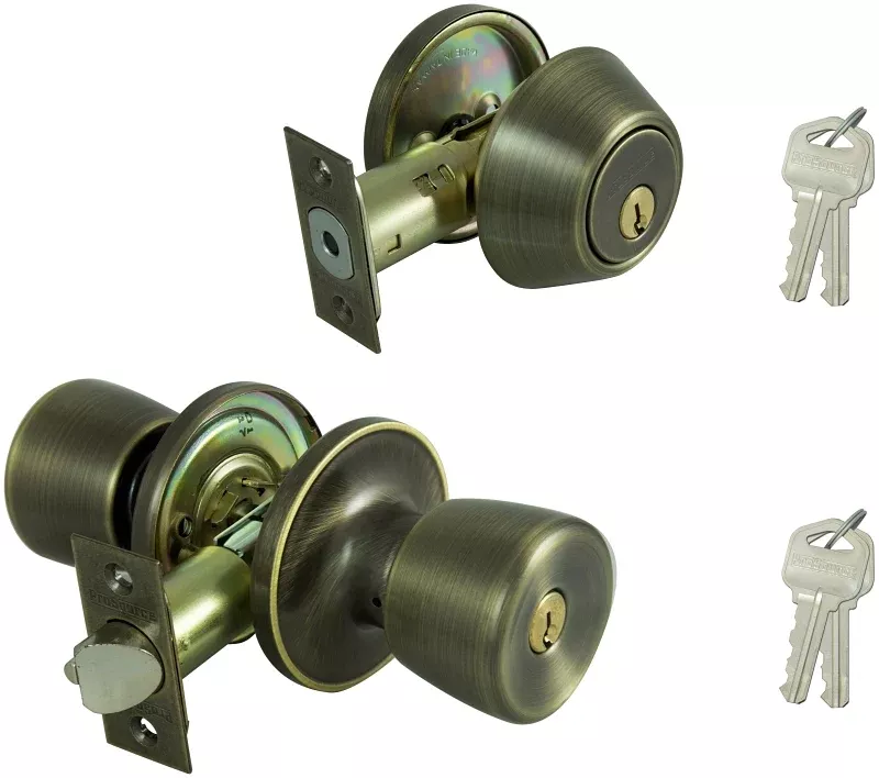 ProSource BS8B1-PS Deadbolt and Entry Lockset, Turn Button Lock, Tulip Design, Antique Brass, 3 Grade, Brass, Pack of 2