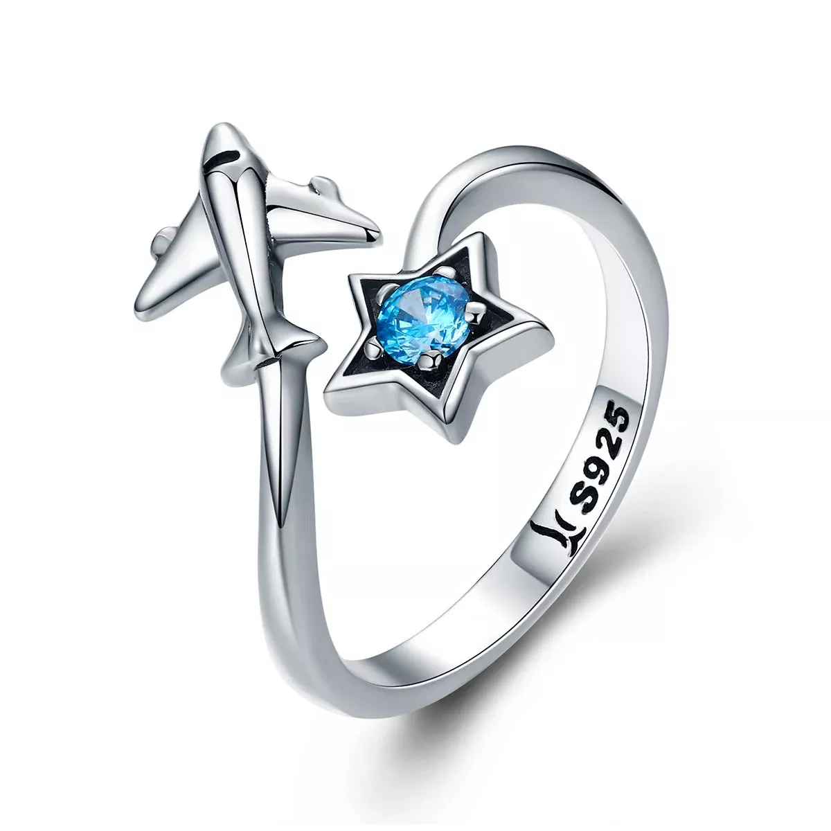 S925 Sterling Silver Star and Airplane Ring Set for Women