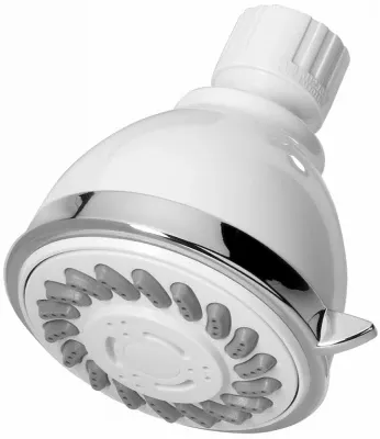 Shower Head, Fixed Mount, 3 Settings, White Plastic