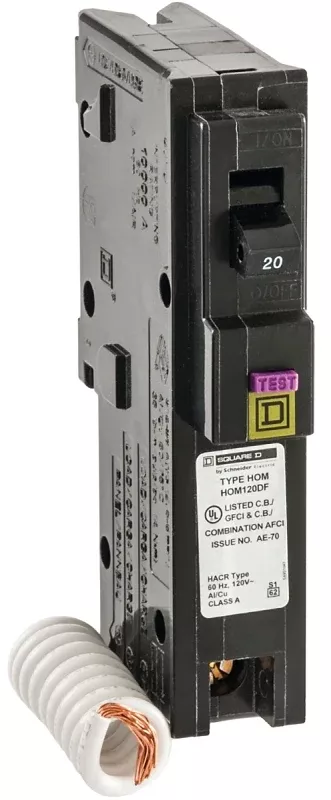 Square D HOM120DFC Circuit Breaker, Dual Function, Mini, 20 A, 1-Pole, Plug, 120 V