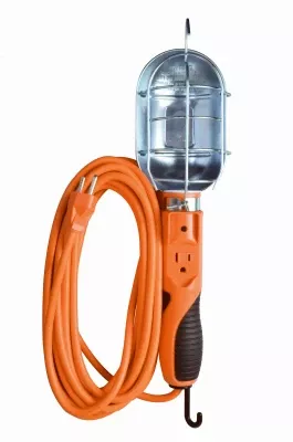 Trouble Work Light, Metal Guard & Outlet, 75-watts, Orange, 25 Ft.