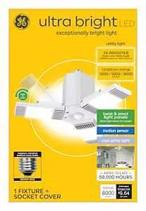Ultra Bright Led Utility Light Fixture, 3 Twist & Pivot Panels, Medium Base, Motion Sensor, Cool White, 3 Settings