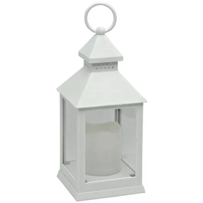 White Weatherproof Outdoor Lantern with LED Candle, 9.5″
