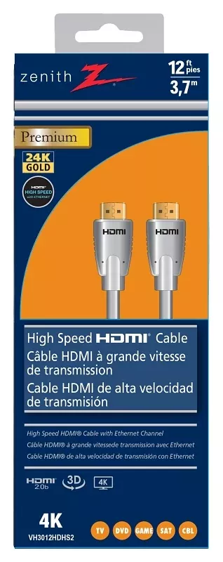 Zenith VH3012HDHS2 HDMI Cable with Ethernet, Black Sheath, 12 ft L